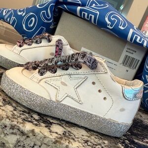 Golden Goose Kids White Sneakers with Silver Glitter